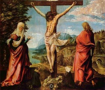 Albrecht Altdorfer : Crucifixion scene, christ on the cross with mary and john